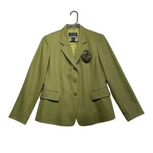 Lafayette 148 New York Olive Green Wool-Blend Tailored Blazer with Flower Pin